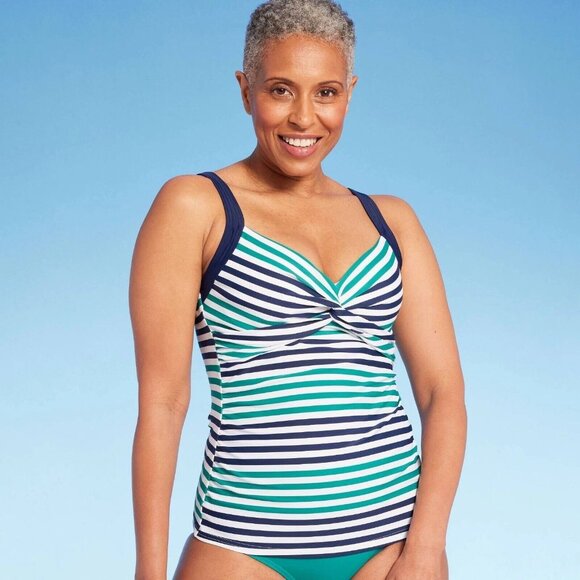Lands' End Blue & Teal Striped Twist Front Underwire Tankini Swim Top - Picture 1 of 5